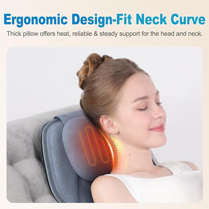 Back Massager with Heat, Full Body Massage Pad with Pillow Neck Support, Soft Plush Fabric Cover, Chair Massager with 3D Lumbar Truction and 8 Vibration Motors, Gifts for Dad Mom, Home Office Use - Bloomnest