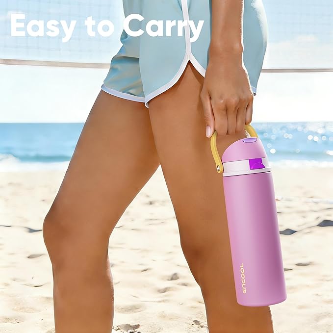 Insulated Water Bottle with Straw - Encool Stainless Steel Water Bottle with Push Button Lid, Leak-Proof & BPA-Free, Keeps Cold for 24 Hours for Sports, Travel, Gym (32 oz, Light Orchid-Fuchsia) ENCOOL