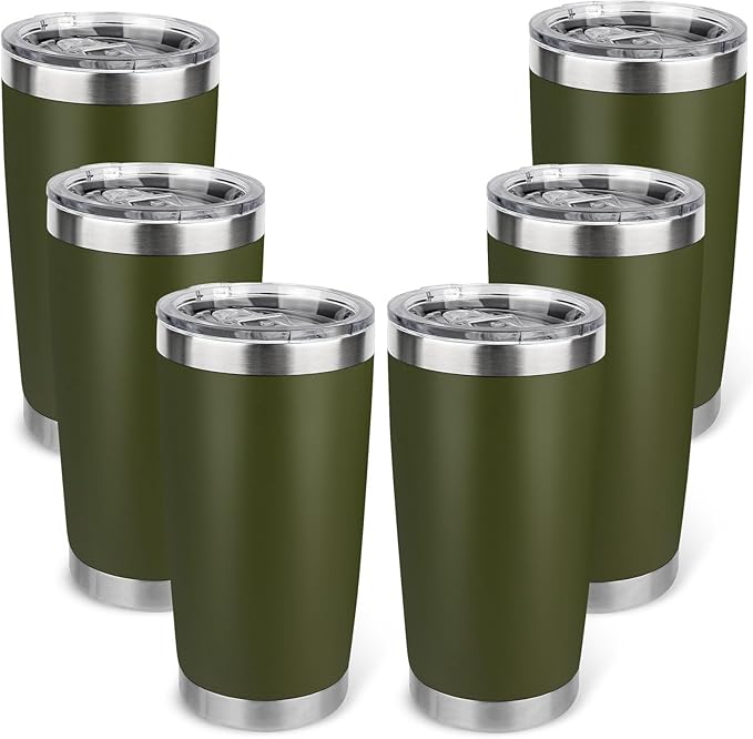 20oz Stainless Steel Tumbler Bulk with Lid, Travel Mug - Double Wall Vacuum Powder Coated Cup - Army Green, 6 Pack - Bloomnest