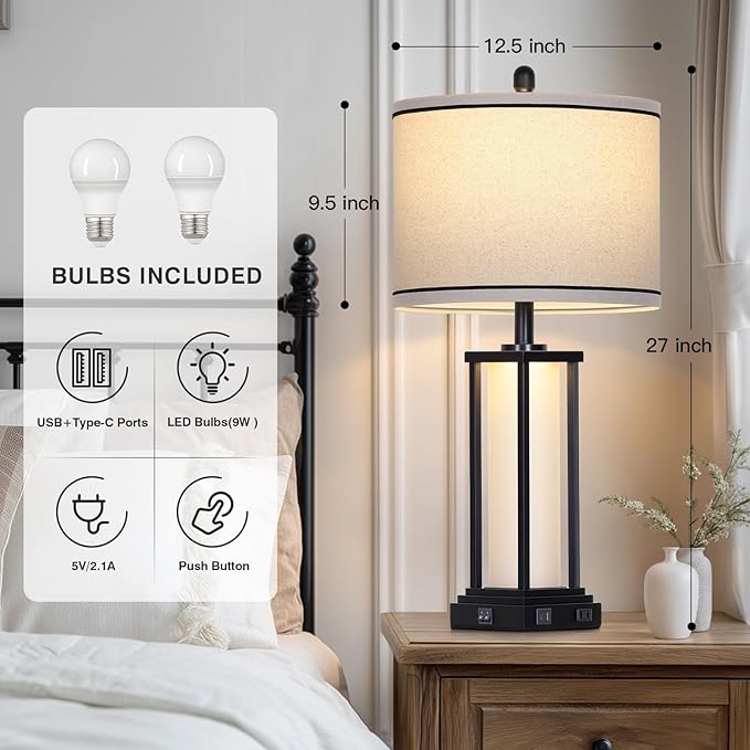 27in Tall Farmhouse Table Lamp with USB C+A & Outlet,Black Industrial End Table Lamp for Living Room,Vintage Rustic Bedside Lamp with Night Light for Bedroom Nightstand,Single Black - Bloomnest