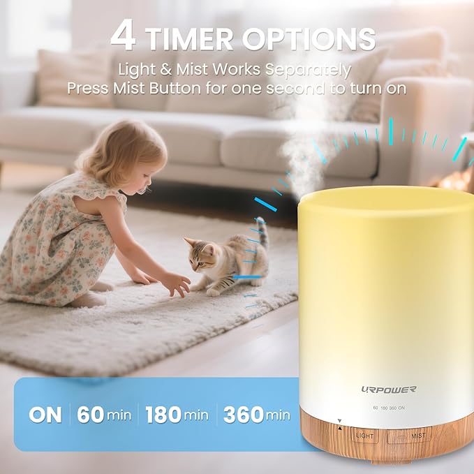 URPOWER 300ml Essential Oil Diffuser Ultrasonic Air Humidifier AUTO Shut Off Aromatherapy Scent Diffuser Night Light 7 Color Changing LED Lights and 4 Timer Settings for Home Office Yoga - Bloomnest
