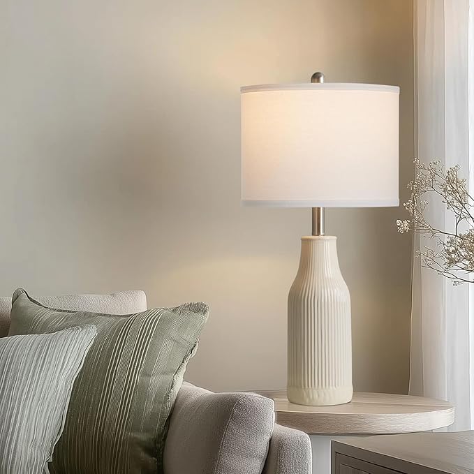 24.5" Ceramic Table Lamps Set of 2, Modern Farmhouse Bedside Lamps for Bedroom Nightstand, Small Table Lamp for Living Room End Table, Beige (2 LED Bulbs Included) - Bloomnest