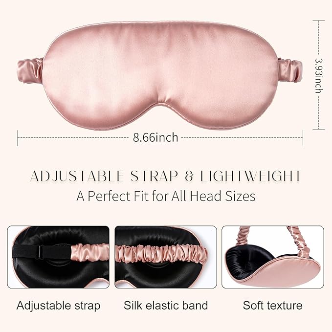 100% 22 Momme Mulberry Silk Sleep Mask, Eye Cover for Sleeping, Blackout 3D Sleep Masks for Lash Extensions with Adjustable Strap for Men and Women (Rose Gold) - Bloomnest
