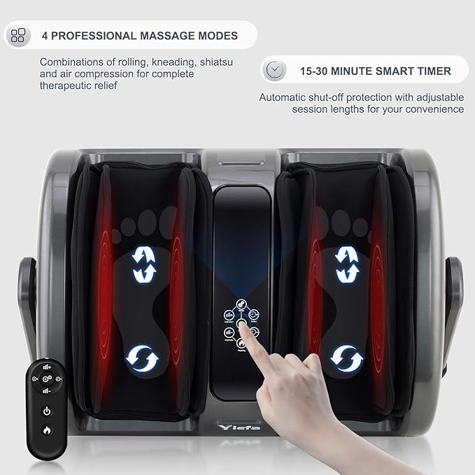 Shiatsu Foot Massager with Heat, Feet Massager for Neuropathy, Plantar Fasciitis and Pain Relief, Deep Kneading and Rolling Massage for Feet/Calf/Leg/Ankle,Gifts for Women Men, Grey