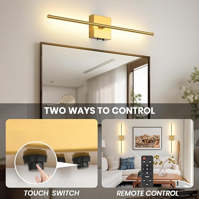 Battery Operated Wall Sconces Set of 2, 11000mAh Wireless Rechargeable Gold Wall Lights with Remote Control, 350°Rotate Dimmable Wall Lamp, 3 Color Temperatures, for Bedroom, Living Room, Hallway - Bloomnest