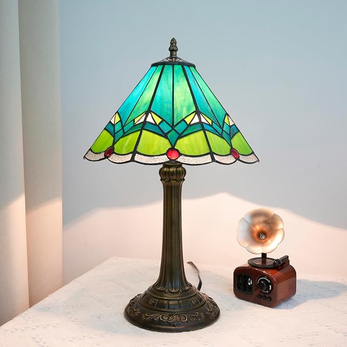 Green Tiffany Lamp Retro Rural Style Farmhouse Teal Bedroom Bedside Reading Light Living Room Hotel Bar Home Decor 12x19 Inch E26 Nightstand Unique Colored Bronze Metal Base Stainred Glass Table Lamp - Bloomnest