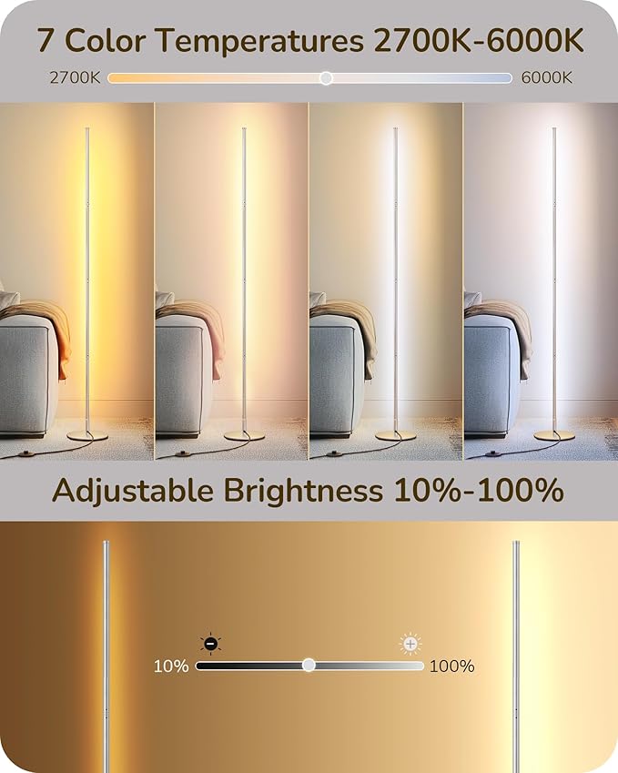 EDISHINE LED Standing Floor Lamp, Dimmable Corner Standing Light with Remote, 3 Color Temperature 3000K-4500K-6000K, 57.5" Modern Floor Lamps for Living Room, Bedroom, Office, Silver - Bloomnest