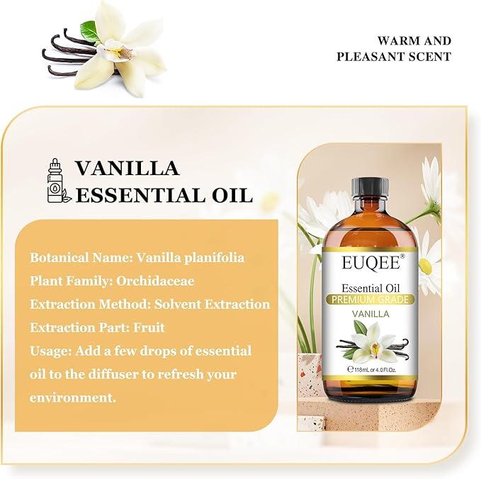 EUQEE Vanilla Essential Oil 118 ml Premium Vanilla Oil with Glass Dropper, Great for Diffusers, Aromatherapy, Candle Making, DIY Soap - 4Fl.Oz - Bloomnest