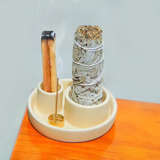 4 in 1 Incense Holder, Ceramic Incense Stick and Palo Santo Holder,Sage Holder for Burning- 5.5" Ceramic Ash Catcher Tray for Meditation and Yoga Room (Sand Gravel) - Bloomnest