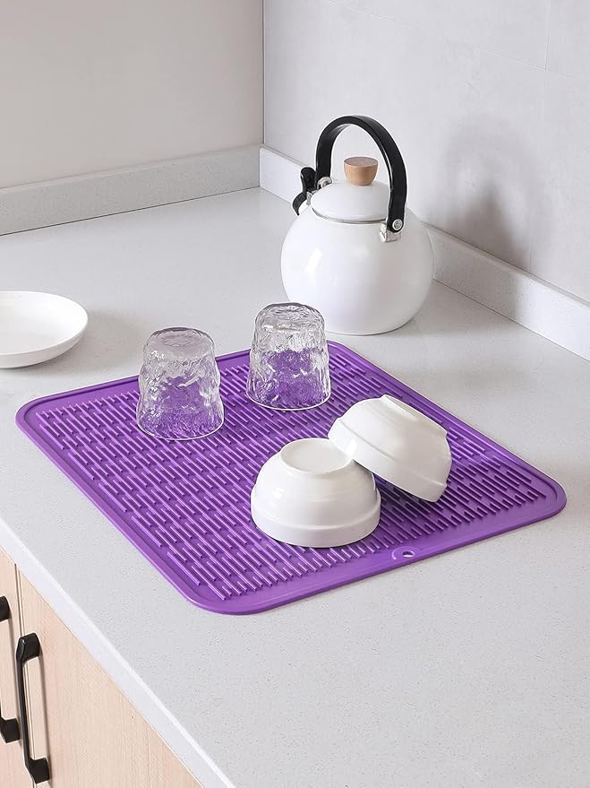 Silicone Dish Drying Mat for Multiple Usage,Easy clean,Eco-friendly,Heat-resistant Silicone Mat for Kitchen Counter or Sink,Refrigerator or Drawer Liner Purple XL 18 inches x 16 inches - Bloomnest