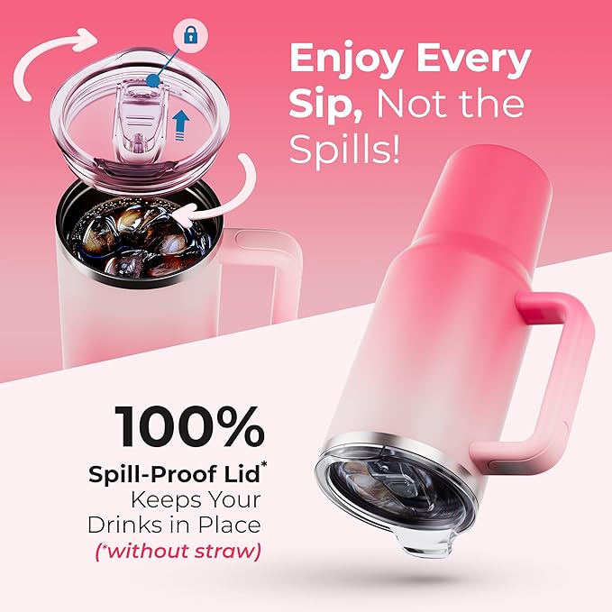 40 oz Tumbler With Handle and Straw Made of Stainless Steel - Double Wall Vacuum Insulated Tumbler With Lid - Sweat Proof Easy Grip, BPA-Free, Dishwasher Safe Tumbler (Misty Pink) - Bloomnest