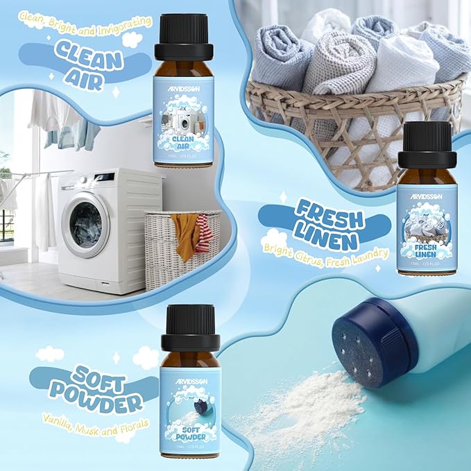 ARVIDSSON Clean Essential Oils Set, Natural Fragrance Oil for Diffuser, Soap Making - Fresh Linen, Clean Home, Fresh Cotton, Soft Powder, Blossom Soap, Lemongrass, Refreshing Scented Oils for Home - Bloomnest