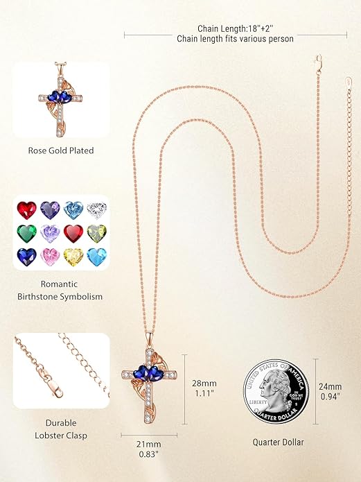 Rose Gold Dual Birthstones Cross Necklace for Women Rose Flower Jewelry Anniversary Christmas Mother's Valentine's Day Birthday Gift for Wife Girlfriend Mom - Bloomnest