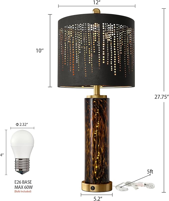 Oneach 27.75" Modern Table Lamps Set of 2, Gold Bedside Lamp with Leopard Glass Nightlight, USB A+C, Black Crystal Shade, Unique Desk Lamps for Living Room, Bedroom, Nightstand (2 Bulbs Included) - Bloomnest