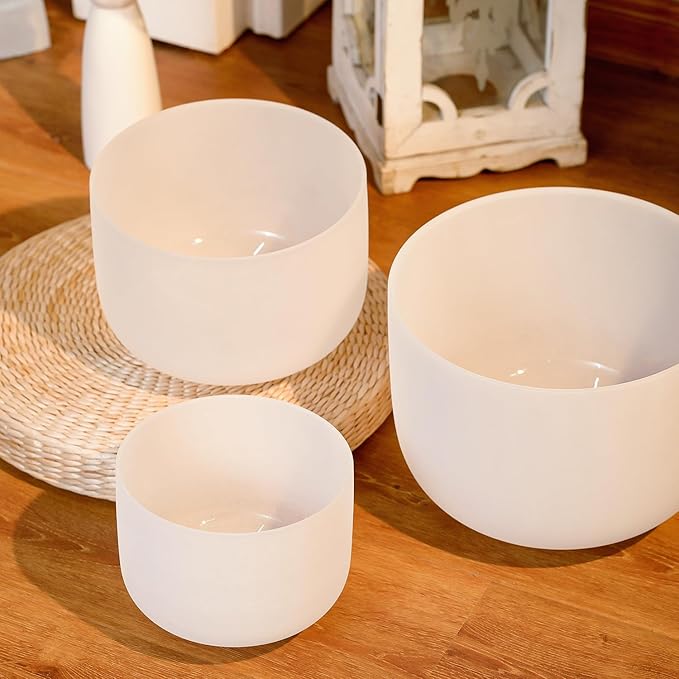 Hye-eun Crystal Singing Bowls Set of 3, 432hz 7"A 9"F 11"D 3pcs Frosted Quartz Chakra Sound Bowl with Carrying Case for Sound Healing Yoga Meditation - Bloomnest