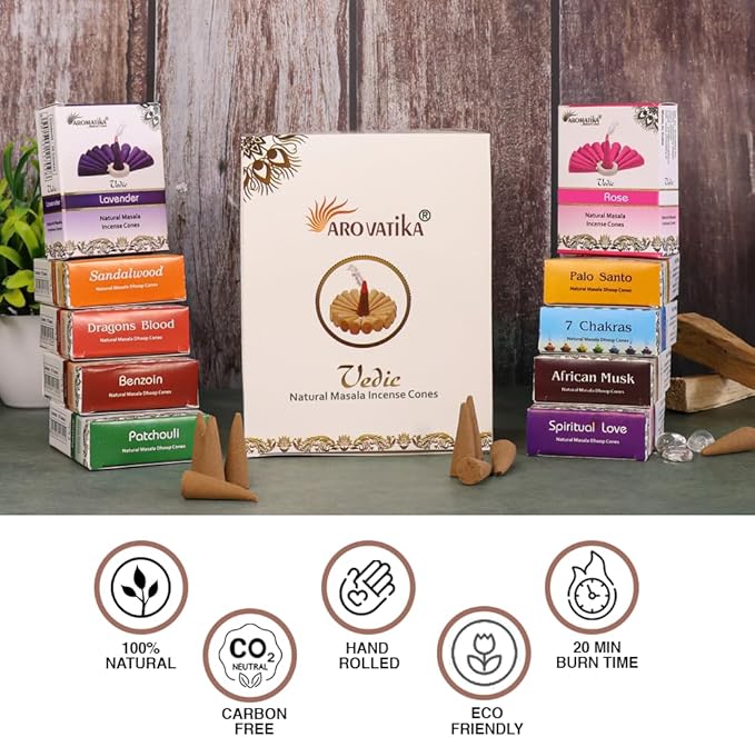 ARO VATIKA Vedic Natural Masala 120 Incense Cones in Pack of 12 Boxes |12 Assorted Fragrances Dhoop Cones | Best for Prayer, Reiki, Meditation and Relaxation | Burn time- 25 Mins (Assorted)