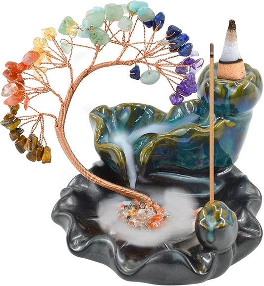 MrMrKura Backflow Incense Burner, Ceramic Incense Waterfall Burner with 7 Chakras Healing Crystals Tree Fountain Incense Holders for Yoga Meditation Home Decor - Bloomnest