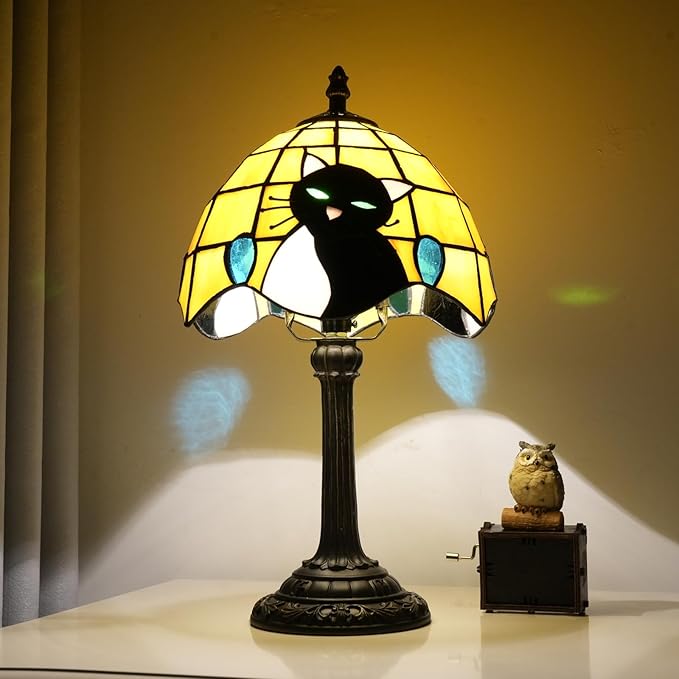 Small Tiffany Lamp Stained Glass Table Lamp Elegant Cute Retro Vintage Style White Black Cat Bedside Night Lamp For Nightstand Bedroom Home Decor Kitchen Counter Antique Living Room Office Fun Lamps - Bloomnest