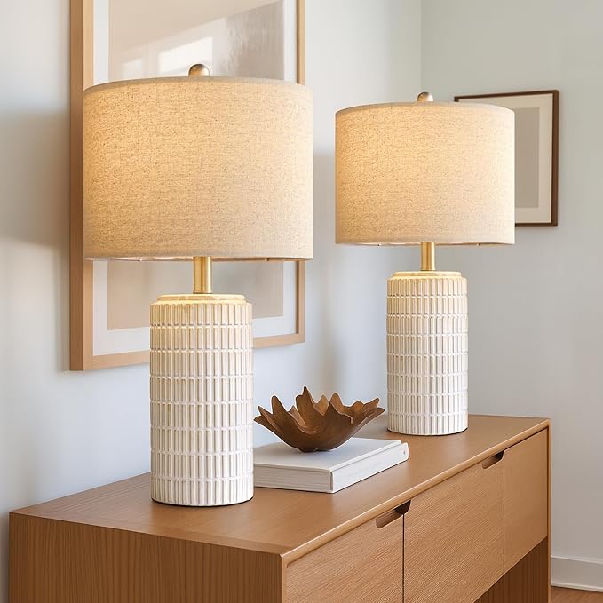 PoKat 24" Modern Ceramic Table Lamps Set of 2 for Bedroom, White Bedside Lamps for Night Stands, Farmhouse Desk Decor Nightstand Table Lamps for Living Room End Table Beige - Bloomnest