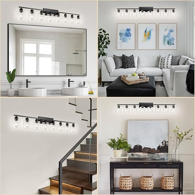 Modern 8 Light 52 inch Vanity Lights for Bathroom with Clear Glass, Black Bathroom Light Fixture for Mirror Kitchen Living Room Hallway Cabinet Porch - Bloomnest