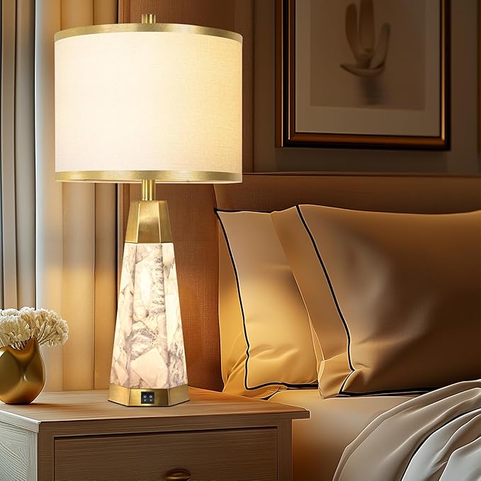 27" Natural Alabaster Table Lamps Set of 2 - Lamps for Living Room with Night Light, Bedside lamps with White Linen Shade, Nightstand Table Lamp with USB A+C Port for Bedroom Office (bulb included) - Bloomnest