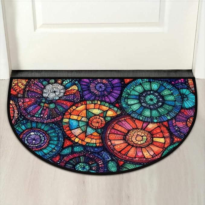Half Round Door Mat, Colorful Circle Flower Mandalas Half Circle Rug for Home Decor Floor Indoor Outdoor Non-Slip Washable Half Moon Rug Doormat 36X24 Inch - Bloomnest