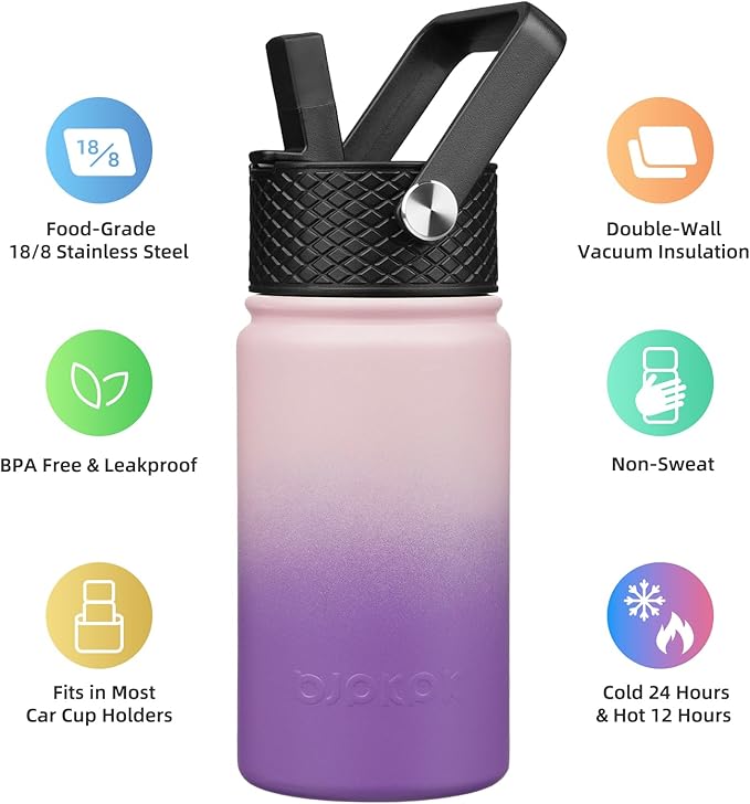 BJPKPK Insulated Water Bottle with Straw Lid, 15oz Cute Water Bottles, Stainless Steel Metal Thermo, Reusable BPA Free Leak Proof Tumblers, Cups,Violet - Bloomnest