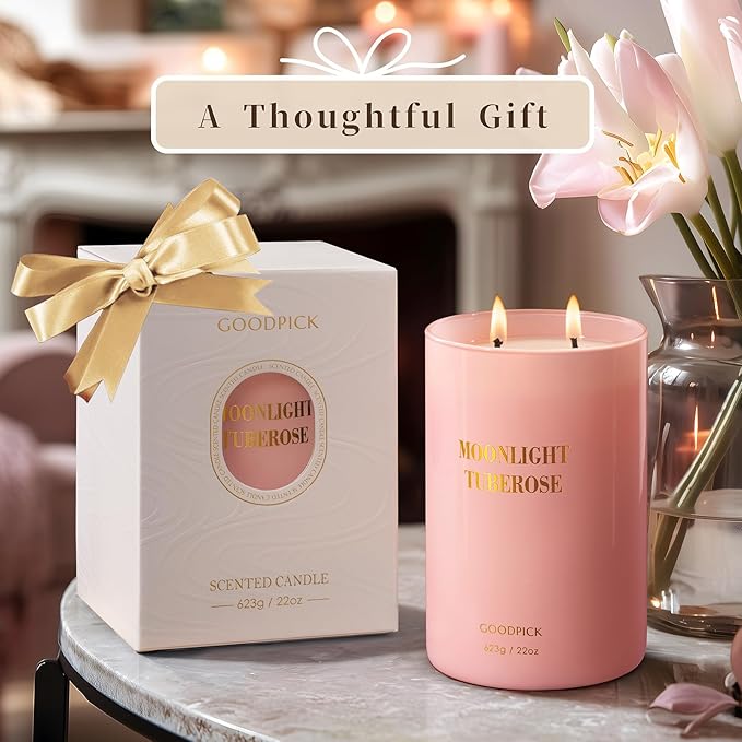 Goodpick Candles for Women, Tuberose Soy Candles for Home Scented, Large Candle for Warmer Lamp, 22oz 120 Hour, Pink - Bloomnest