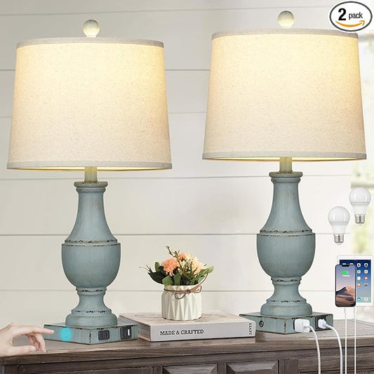 Farmhouse Table Lamps, Rustic 26" Touch Control Bedside Lamps with USB A+C Charging Ports & AC Outlet, Vintage 3-Way Dimmable Traditional Classic Nightstand Lamp for Living Room Bedroom Office Decor - Bloomnest