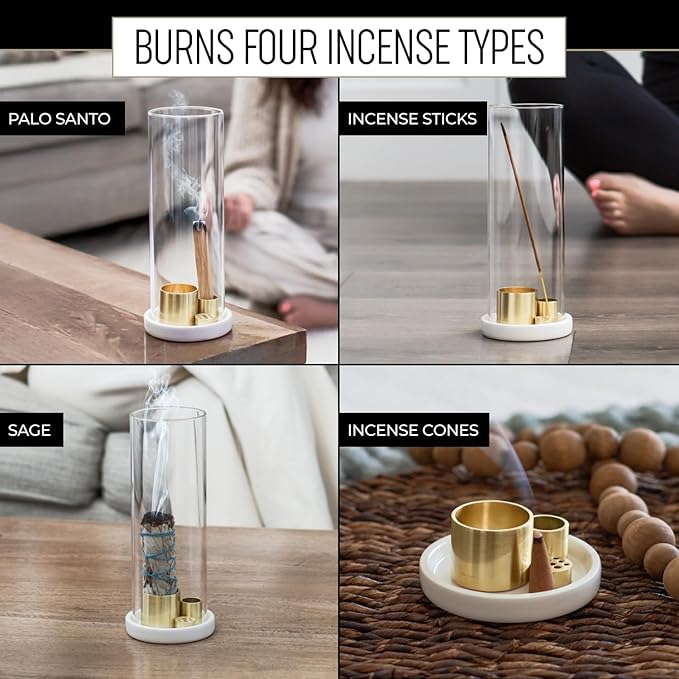 4 in 1 Ceramic Incense Burner with Glass Ash Catcher, Incense Holder for Sticks, Palo Santo, Sage and Cones - Ceramic Ash Catcher Tray for Meditation Yoga Room Home Decor - White - Bloomnest