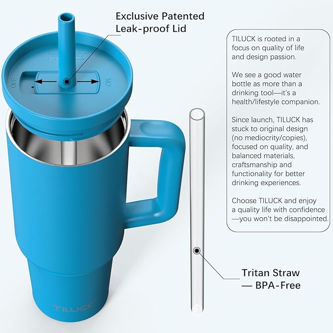 TILUCK 40 oz Tumbler with Handle, Vacuum Insulated Stainless Steel Travel Mug with 100% Leak-Proof Silicone Straw Lid, Cupholder Friendly Water Bottle(LakeBlue, 40oz) - Bloomnest