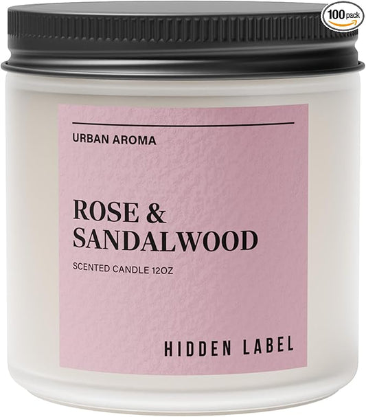 Hidden Label Rose & Sandalwood Scented Candle, 12oz 2 Wick Natural Soy Non Toxic Candles, Clean Burning Long Lasting Aromatherapy for Home | Gifts | Décor,Premium Scents for Relaxation & Stress Relief - Bloomnest