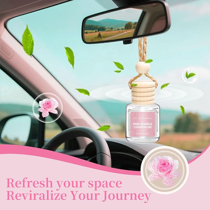 AROIC Car Air Freshener - Pink Sparkle Champagne Fragrance, 6 Pack Long Lasting Essential Oil Fragrance Diffuser, Hanging Cute Automotive Perfumes Interior Decor, Pink Car Accessories for Women & Men - Bloomnest