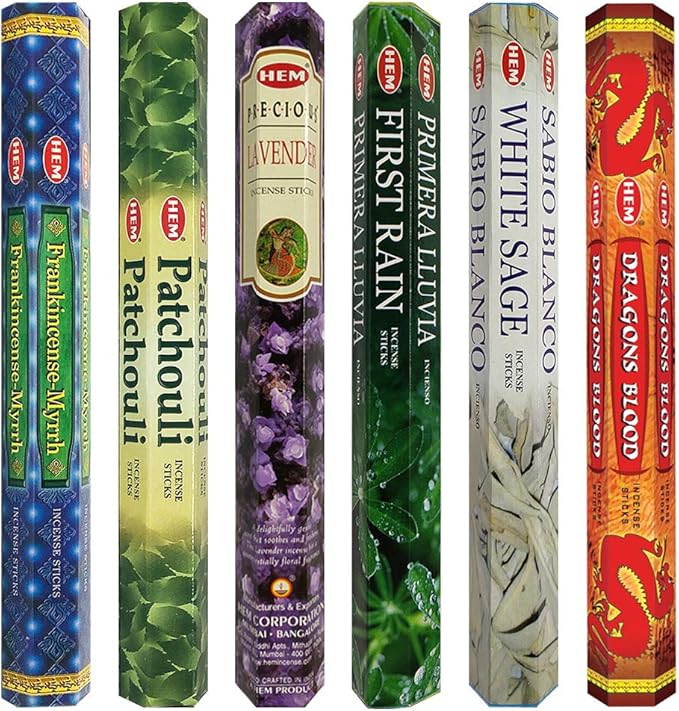 Hem Incense Sticks Variety Pack #23-120 Insence-Sticks (6 Incents x 20 Insense) + Incense Stick Holder with 6 Most Liked Scents Including Patchouli Dragons Blood White Sage Frankincense-Myrrh - Bloomnest