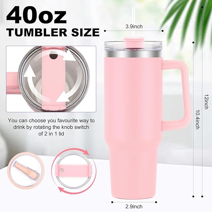 40 oz Tumbler with Handle and Flip Straw Lid, Vacuum Insulated Leak Proof Double Walled Stainless Steel Travel Mug Tumblers, Maintains Cold Ice and Heat for Hours(Pink) - Bloomnest