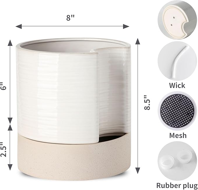 Nihow Self Watering Plant Pot: 8 Inch Ceramic Planter with Drainage Hole & Water Storage Plus for Indoor & Outdoor Plants - Cylinder Round Flower Pot for Succulent/Herbs/Violets - Cream White & Brown - Bloomnest
