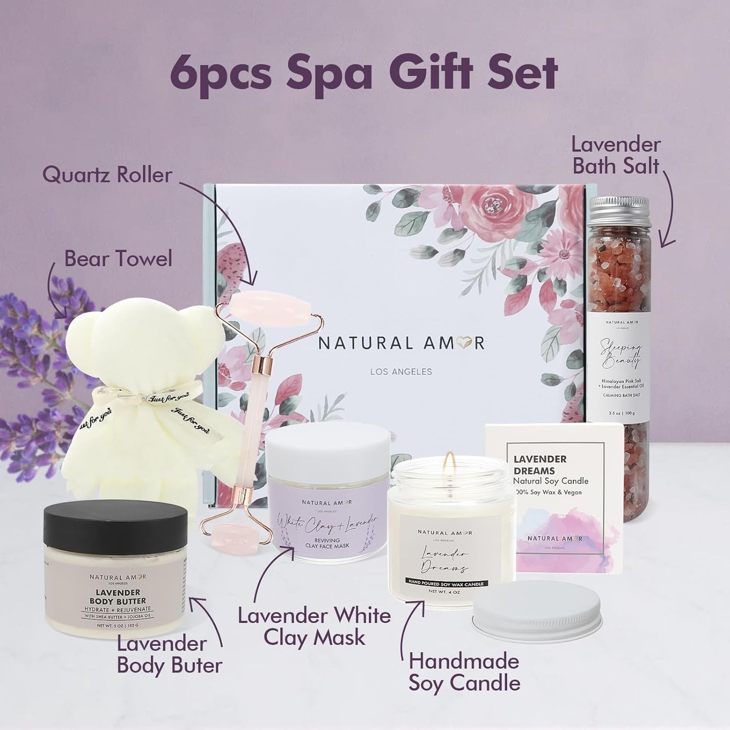 Natural Amor Lavender Spa Gift Set – 6 pcs Handmade Self-Care Kit with Body Butter, Bath Salt, Clay Mask, Candle, Jade Roller & Bear Headband – Relaxation Gift for Women