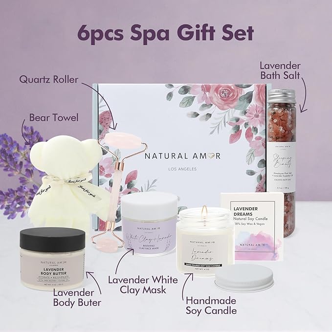 Natural Amor Lavender Spa Gift Set – 6 pcs Handmade Self-Care Kit with Body Butter, Bath Salt, Clay Mask, Candle, Jade Roller & Bear Headband – Relaxation Gift for Women - Bloomnest