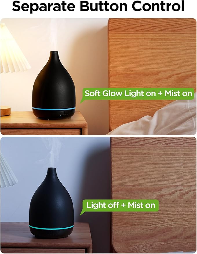 InnoGear Oil Diffuser, 300ML Ceramic Diffuser for Essential Oils Handcrafted Aromatherapy Diffuser Ultrasonic Cool Mist Humidifier with 4 Timers Waterless Auto Off for Room Office, Black - Bloomnest
