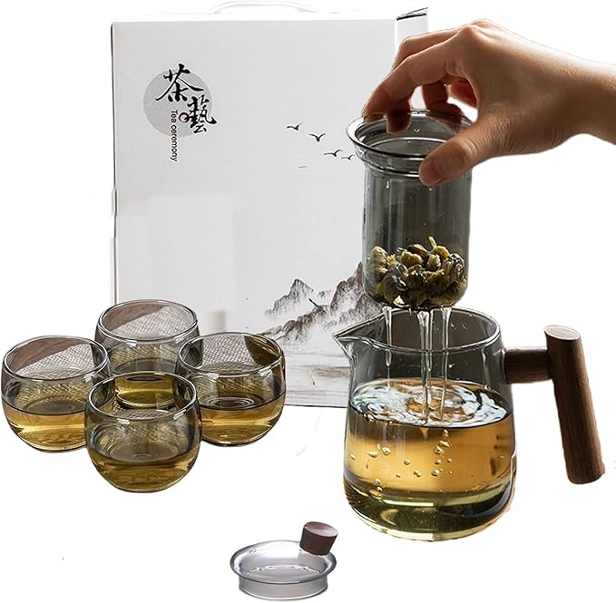 Tea Set with Teapot Traditional Travel Japanese/Chinese Gongfu Glass Tea Cut Sets of 4 for Adults,Women Gift,Tea Parties (Glass, Black) - Bloomnest