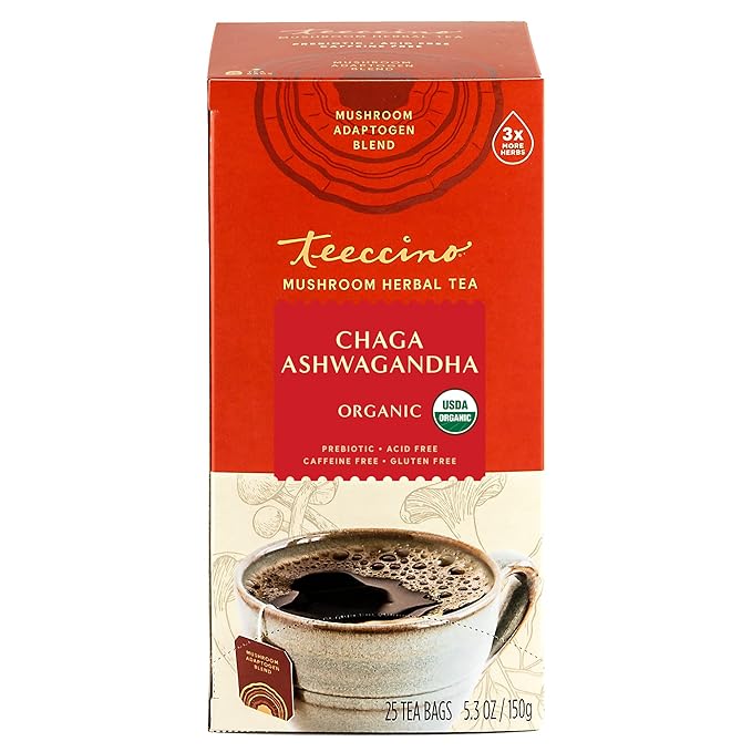 Teeccino Chaga Ashwagandha Tea - Butterscotch Cream - 25 Tea Bags - Organic Mushroom Adaptogenic Herbal Tea, 3x More Herbs than Regular Tea Bags, Prebiotic, Caffeine Free, Gluten Free - Bloomnest