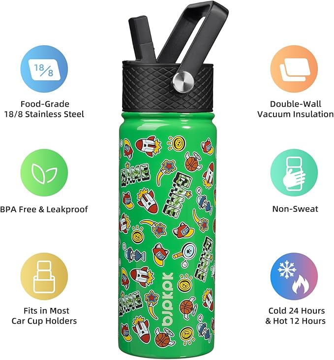 BJPKPK Insulated Water Bottle with Straw Lid, 18 oz Stainless Steel Metal Water Bottles, Reusable Leak Proof BPA Free Water Bottles, Cups, Thermo, Game - Bloomnest