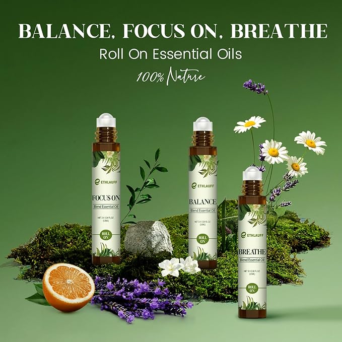 Essential Oils Roll On Set 3 Pack (Breathe, Focus on, Balance) - Essential Oil Blend Stress Relief Gift Aromatherapy Self Care Gift for Women, 3 * 10ml - Bloomnest