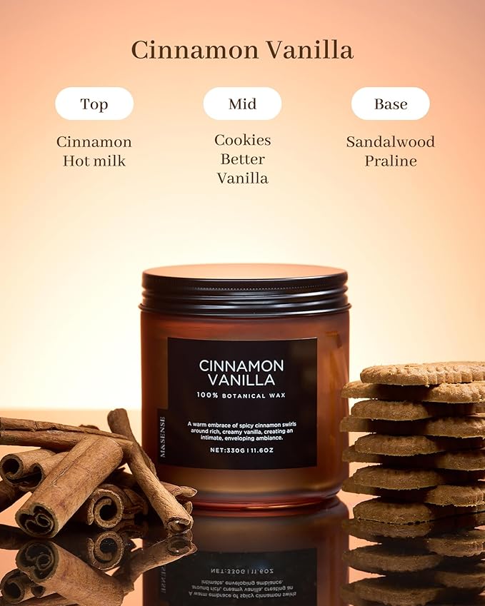 M&SENSE Cinnamon Vanilla Fall Scented Candles for Home, Natural Soy Wax 11.6oz 70 Hours Large Long Lasting Strong Scented Classic 2 Wicks Jar Candle Gift for Housewarming - Bloomnest