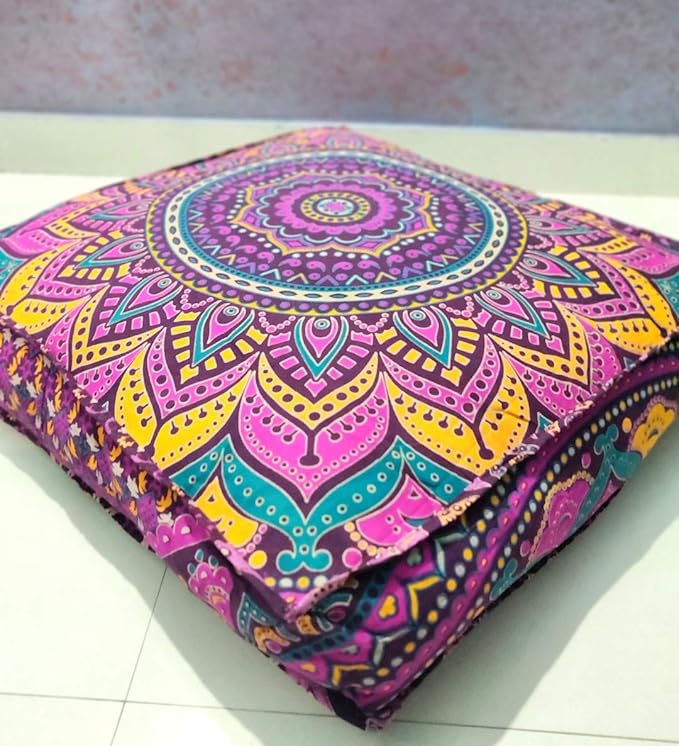 INDIAN CRAFT CASTLE New Pink Ombre 24" Mandala Barmeri Large Floor Pillow Cover Cushion Meditation Seating Ottoman Throw Cover Hippie Decorative Zipped Bohemian Pouf Ottoman Pom Pom Cases 24" Square - Bloomnest