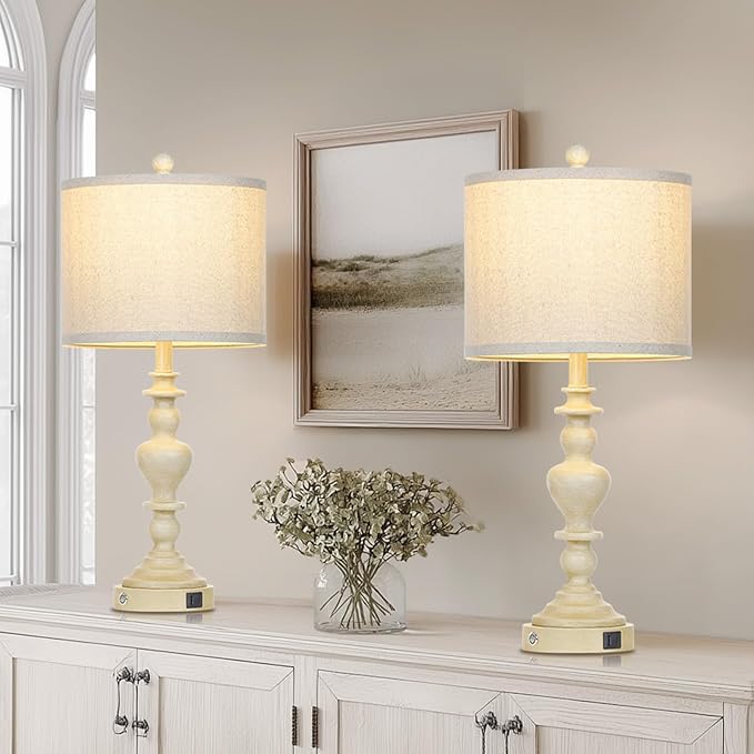 27" Farmhouse Table Lamps Set of 2, Vintage Bedside Lamps with USB A+C Charging Ports, 3-Way Dimmable Touch Control Traditional Nightstand Lamp for Living Room Beige (Bulbs Included) - Bloomnest