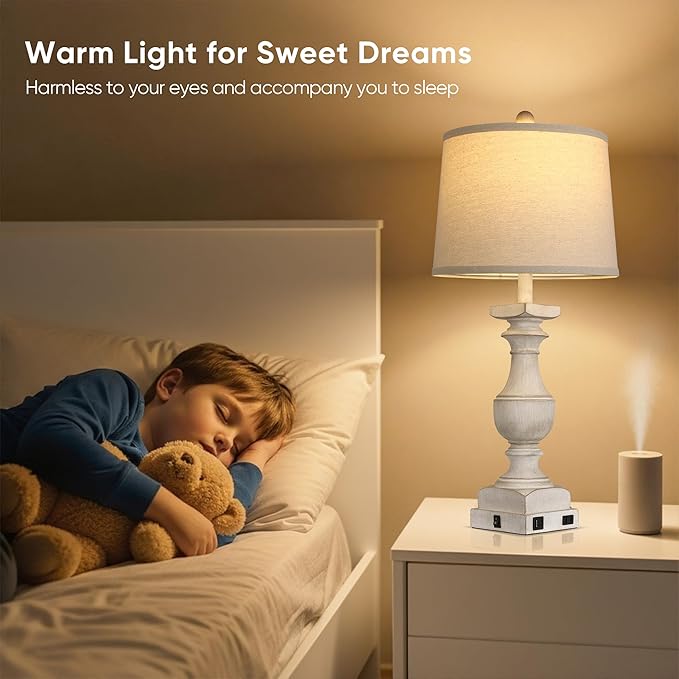 28'' Washed White Table Lamp for Bedroom Nightstand, Vintage Bedside Lamp with USB A+C Port, Farmhouse Desk Lamp with Linen Shade Set of 2, Traditional Nightstand Lamp, Rocker Switch,Bulb Included - Bloomnest