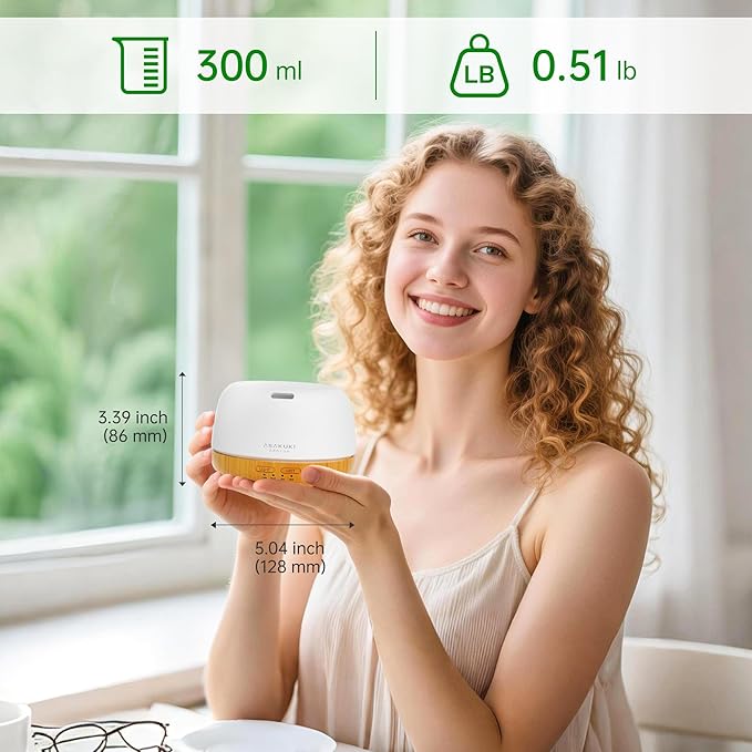 ASAKUKI Essential Oil Diffuser, 300ml Ultrasonic Aromatherapy Oil Humidifier with 7 Colors LED Lights, 2 Mist Mode for Home (Wood Grain) - Bloomnest