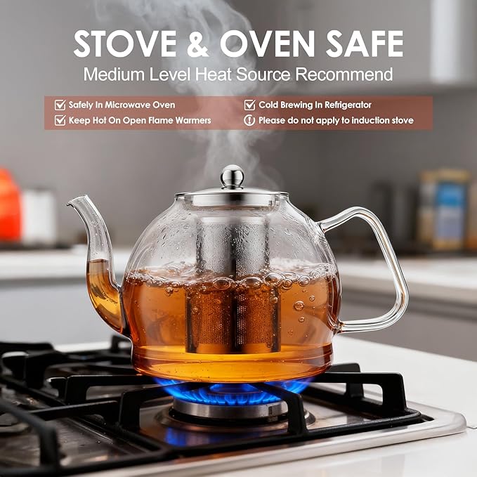 1800ml Glass Teapot with Infuser, Stovetop Safe Large Tea Pot, Hand Crafted Borosilicate Glass Tea Kettle, Blooming and Loose Leaf Tea Maker for Tea Lovers, Tea Gift Set with Cleaning Brush - Bloomnest