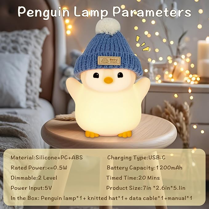 Penguin Night Light for Kids, Adorable Penguin Lamp with Hat, Food Grade Silicone Nursery Nightlight, Rechargeable/Dimmable/Timer,LED Squishy Novelty Animal Bedside Lamp,Funny Gifts for Boys - Bloomnest
